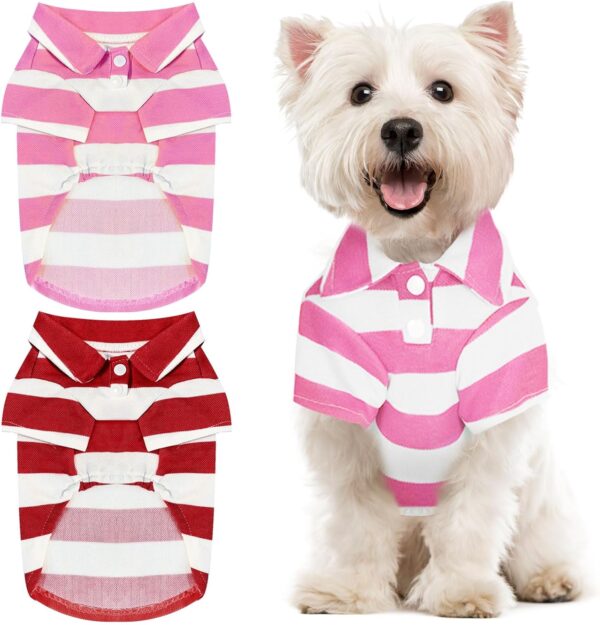 2 Pieces Stripe Dog Shirts Breathable Polo T-Shirts for Small Dogs Cats Girl Boy Puppy Sweatshirt for Chiuahaha Poodle Teacup Shihtzu Yorkie Small Pet Doggy Clothes Apparel（Pink+Red,Small）