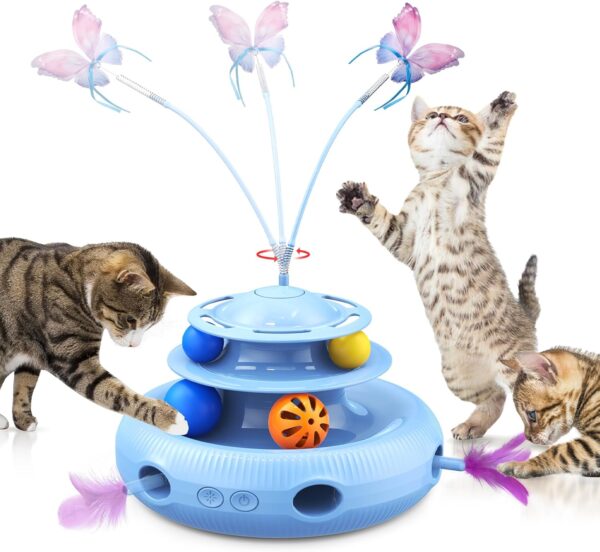 Cat Toys, 4-in-1 Rechargeable Automatic Interactive Cat Toy with Fluttering Butterfly, Random Moving Ambush Feather, Two-Tier Track Balls, 5H Smart Standby, Touch-Activated