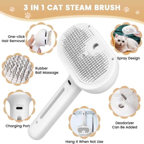 Cat Steam Brush, 3 In 1 Steamy Pet Brush with Release Button and Tank, Anti-Static Cat Steamy Brush for Effective Hair Removal, Rechargeable Steam Cat Brush for Furry Pet - Image 2