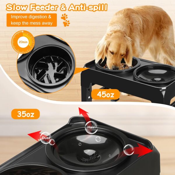 Elevated Dog Bowls, 2-in-1 Dog Feeder with Slow Feeder Dog Bowls & No Spill Dog Water Bowl, 4 Heights Adjustable Raised Dog Bowl Stand Non-Slip & Anti-Dust Dog Food Bowl for Medium Large Dogs, Black - Image 2