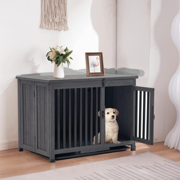 MCombo Wooden Dog Crate Furniture, Dog Kennel Pet House End Table, Solid Wood Portable Foldable Indoor Cage for Dogs, No Assembly Needed (Medium, Grey) - Image 2