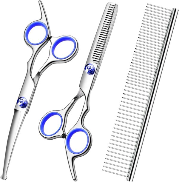 Professional 4 in1 Dog Grooming Scissors Kit, Titanium Coated Dog Scissors for Grooming, Grooming Shears Kit - Thinning, Curved Scissors and Comb for Dog Cat Pet