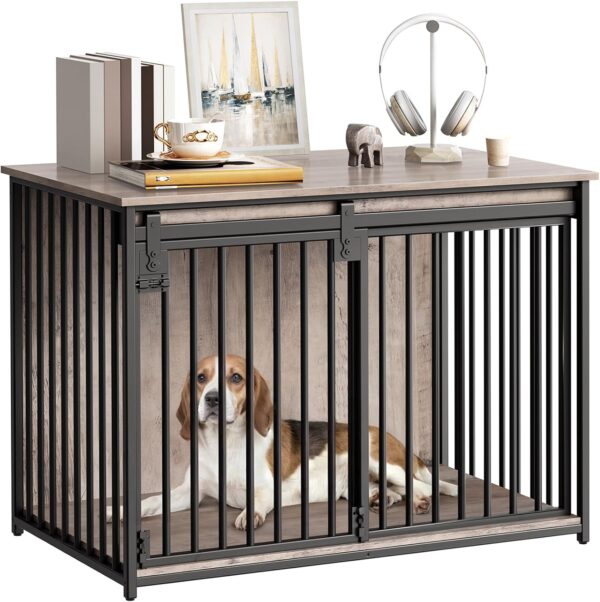 HOOBRO Dog Crate Furniture, 39.4" Heavy Duty Dog Kennel with Sliding Barn Door, Decorative Dog Crate Indoor, End Side Table for Small/Medium Dog, Greige and Black BG162GW03