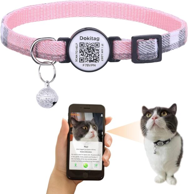 Cat Collar with Pet ID Tag,Breakaway Cat Collar QR Code Tag,Personalized Cat Collar, Cute Kitty Collar with Bells,Pet Online Profile-Scan QR Receive Instant Pet Location Alert Email (Pink)