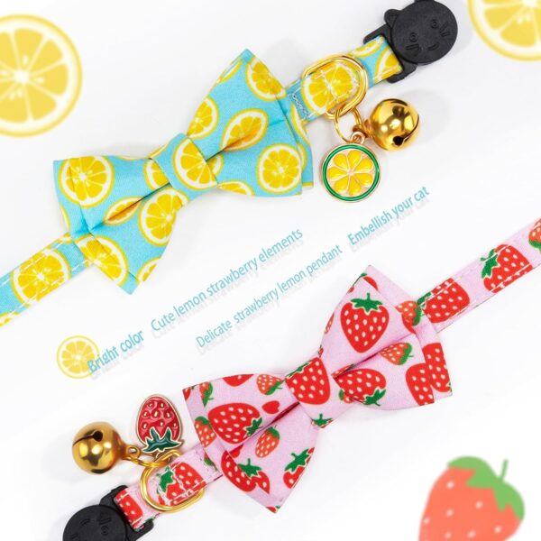 Breakaway Cat Collar with Cute Bow Tie Bell 2Pack Lemon Strawberry Cat Collar for Male Female Soft Cotton Kitty Kitten Collar Cute Cat Collar Ideal for Girl Cats Boy Male Cats - Image 3