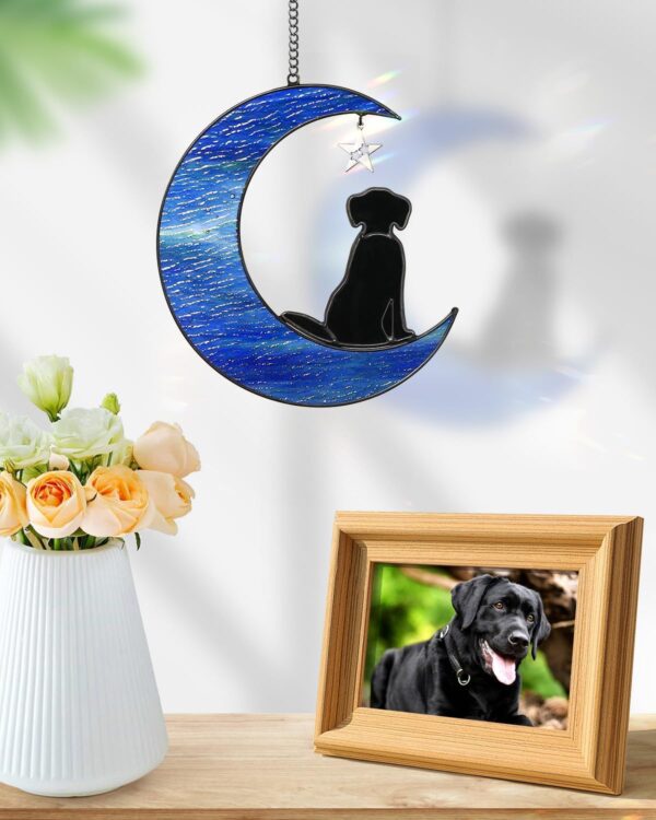 Dog on Moon Suncatchers, Stained Glass Window Hanging Black Dog Ornament Dog Memorial Gifts for Dog Lovers, Stained Glass Dog Decor Suncatchers for Windows Hanging to Remember Loved Dog - Image 4