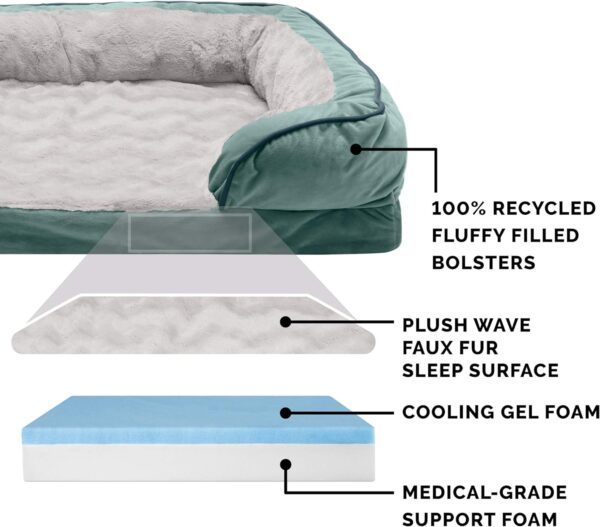 Furhaven Cooling Gel Dog Bed for Large Dogs w/ Removable Bolsters & Washable Cover, For Dogs Up to 95 lbs - Plush & Velvet Waves Perfect Comfort Sofa - Celadon Green, Jumbo/XL, 40.0" x 32.0"x 9.5" - Image 3