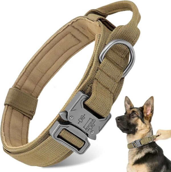 Tactical Dog Collar - Military Dog Collar, Adjustable Heavy Duty Metal Buckle Nylon Dog Collar with Control Handle for Small Medium Large Dogs, (Brown, L)