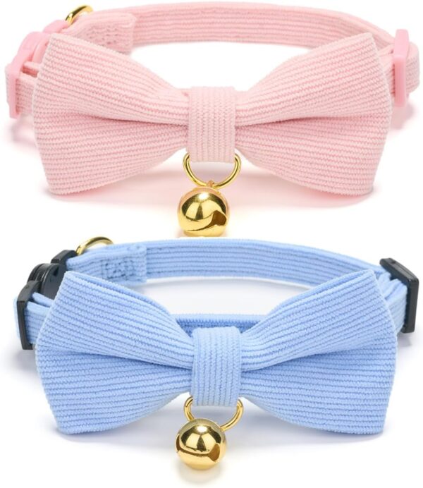 2 Pack Soft Corduroy Cat Collars with Bow Tie & Bell, Adjustable Breakaway Cotton Kitty Bowtie Collar for Girl Boy Kitten (Pink & Blue)