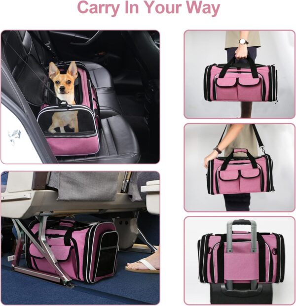 Estarer Soft Sided Pet Carrier Airline Approved, 4 Sides Expandable Collapsible Cat Carrier with Pockets & Removable Fleece Pad, Travel Carrier Bag for Cat Dog & Small Animals (Pink) - Image 3