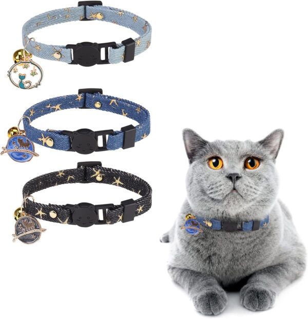 3 Pack Breakaway Cat Collars with Bell- Moon and Stars Pendant Cat Collar for Girl Boy Cats with Safety Buckle- Cute Kitten Collar Adjustable 8"-12" for Kitty Puppy Small Pets