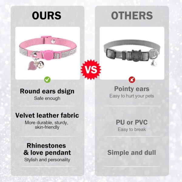 Rhinestone Cat Collar Breakaway with Bell, Diamond Cat Collar with Safety Buckle Quick Release for Girl Boy Kitten Pets Puppy,Cute Soft Female Male Cat Collars,Valentine's Day Pink 8-12" - Image 3