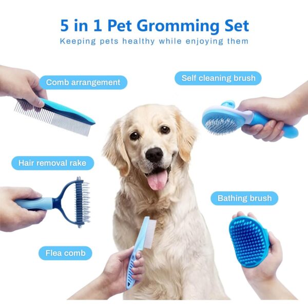 5-in-1 Dog Brush Grooming Kit - Dog Grooming Supplies Dog Dematting Rake for Shorted Haried Dogs, Bath Brush For Long Hair Dogs And Dematting Comb (Set of 5, Blue) - Image 2