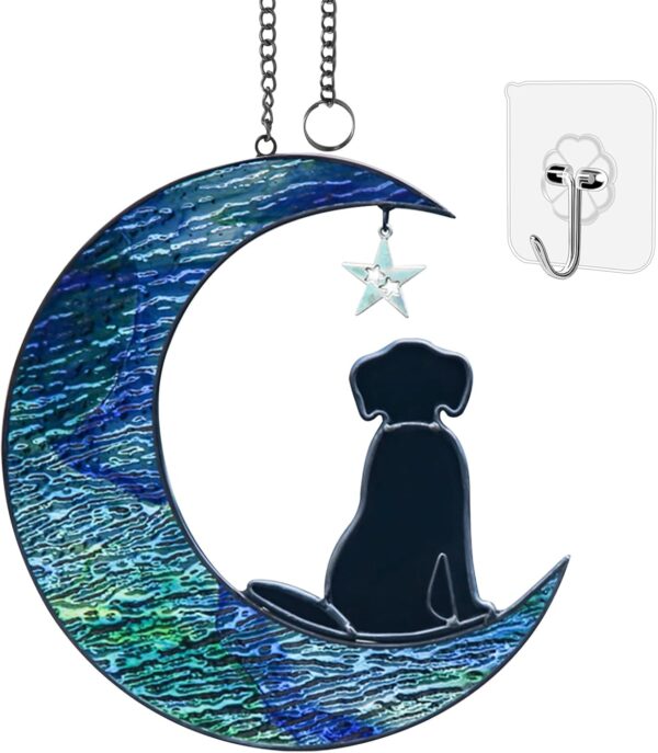 Stained Glass Window Hanging - for Suncatcher Decor Dog Memorial Gifts Cute Puppy Black Dog Decor on Blue Moon Sun Catchers Indoor Window Gifts for Dog Lovers Loss of Dog Sympathy Gift