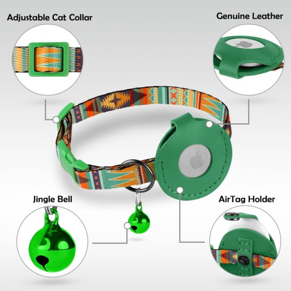 Airtag Cat Collar with Bell - Non Breakaway Soft Pet Collar with Leather Air Tag Holder - Adjustable GPS Anti-Lost Collars for Girl Boy Cats Kitten Puppies, Lightweight and Patterned (Mexican Green) - Image 4