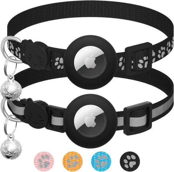 2 Pack Airtag Cat Collar Breakaway with Bell,Reflective Kitten Collar with Apple Airtag Cat Collar Holder,Adjustable 7-12In,Safety Buckle for Girl Boy Cats,Pet Supplies,Accessories,Gifts (Black)