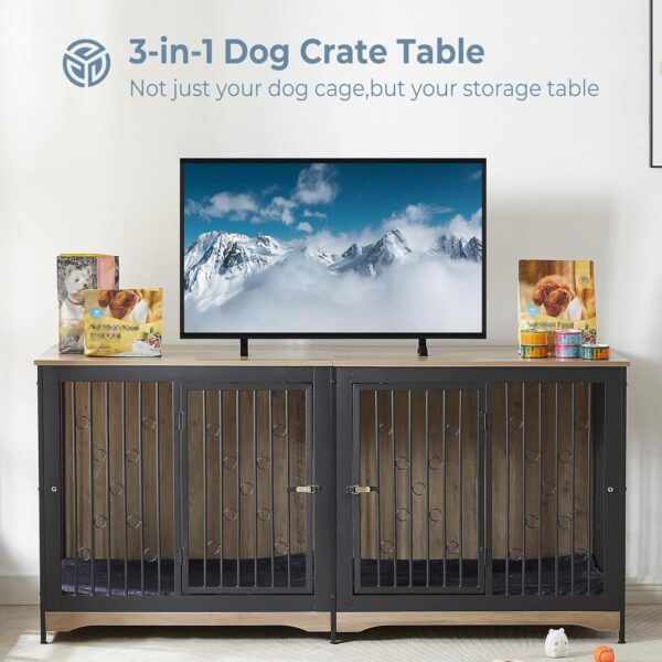 71'' Dog Crate Furniture for 2 Dogs, Wooden Double Dog Crate Large Breed with Cushion, XXL Indoor Dog Kennel TV Stand End Table with Divider for Large Medium Dogs, Grey - Image 2