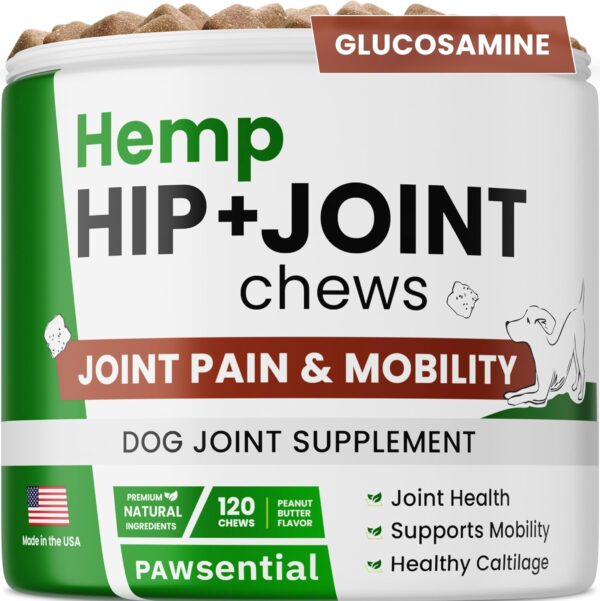 ADVANCED Hemp Hip & Joint Supplement for Dogs - Glucosamine for Dogs - Dog Joint Pain Relief Treats - Chondroitin Turmeric MSM Hemp Oil - Hemp Treats for Joint Health - Peanut Butter