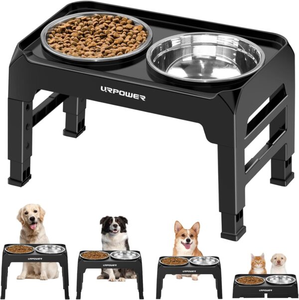 URPOWER Elevated Dog Bowls 4 Height Adjustable Raised Dog Bowl with No Spill Edge 2 Thick 50oz Stainless Steel Dog Food & Water Bowl Non-Slip Dog Bowl Stand for Small Medium Large Dogs and Pets