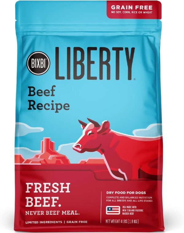 BIXBI Liberty Grain Free Dry Dog Food, Beef, 4 lbs - Fresh Meat, No Meat Meal, No Fillers - Gently Steamed & Cooked - No Soy, Corn, Rice or Wheat for Easy Digestion - USA Made