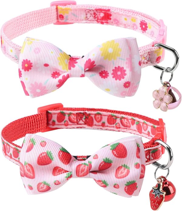 SCENEREAL Breakaway Cat Collar with Bell, 2 Pack Safety Adjustable Cat Collars with Pendant, Pink Personalised Puppy Kitten Collar with Bow for Spring Summer Valentines, Strawberry Flowers