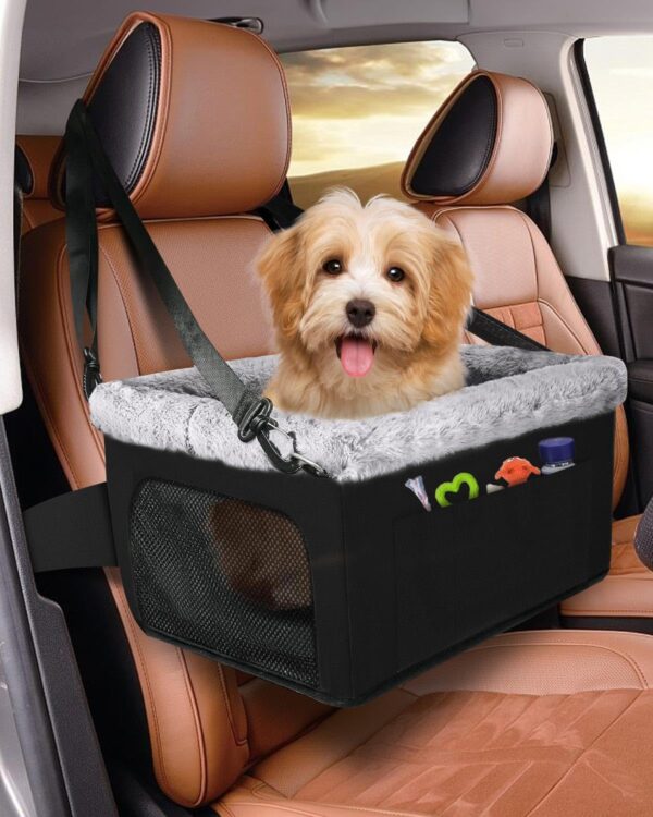 Dog Car Seat for Small Dogs, Detachable and Washable Dog Car seats Small Under 20lb, Upgraded Console Dog Booster Seat with Metal Frame, Pet Car Seat with Storage Pockets and Safety Leash