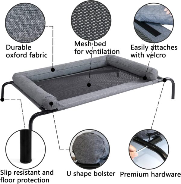 PETIME Cooling Elevated Pet Cushion Bed Raised Dog Cots Beds for Small Dogs, Portable Indoor & Outdoor Pet Hammock Bed, Frame with Breathable Mesh and Removable Bolsters (42 Inch) - Image 2