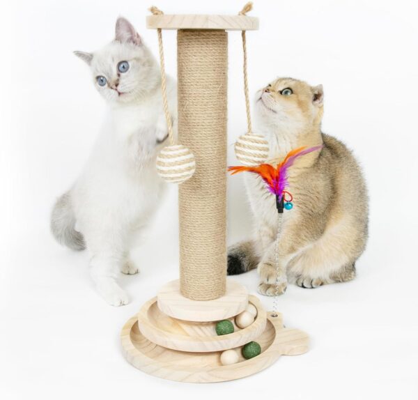 Mora Pets Cat Scratching Post 18” Cat Scratch Post Cat Toys for Indoor Cats Wooden Kitten Toys Cat Post with Ball Track and Catnip Balls for Small and Medium Cats