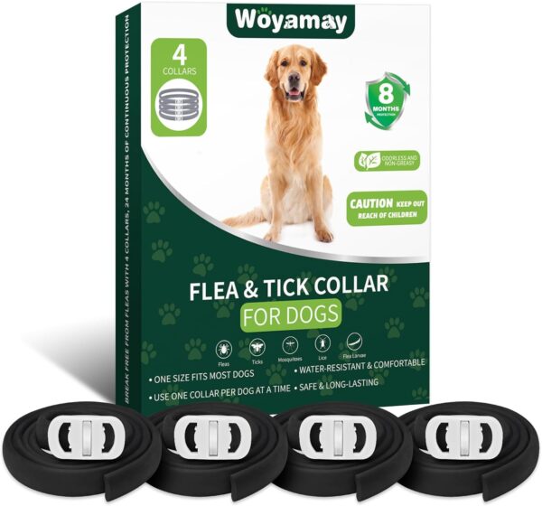 Flea Collar for Dogs, 4 Pack Flea and Tick Collar for Dogs, 8-Month Dog Flea and Tick Treatment and Prevention, Waterproof Dog Flea Collar, Adjustable Dog Flea and Tick Collar, Black