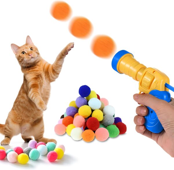 Cat Toy with Colorful Pompom Balls and Ball Launcher - Set of 30 Pieces, Plush Toy Balls for Kitten Training and Play, Silent and High Elastic Interactive Toys for Kitty, Cat Toy for House Cats