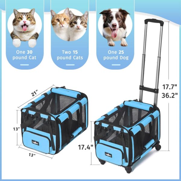 Large Cat Carrier with Wheels, Foldable Rolling Cat Carrier for 2 Cats with Wheels for Cat Dog Under 30 lbs, Cat Carrier Travel Bag with Large Pocket for Outdoor, Blue - Image 2