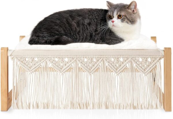 Dahey Boho Cat Bed with Blanket Wooden Cat Hammock Bed for Indoor, Macrame Elevated Pet Beds Breathable Cat Couch Furniture Pet Resting Hammock Cat Chair Gift for Cats and Small Dogs