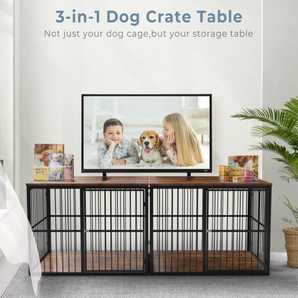 86.62''Dog Crate Furniture Large Breed TV Stand for 2 Dogs with Double Rooms,Wooden Dog Kennel Dog Crate End Table with Removable Divider for Large Medium Dogs, Can Use Separately, Brown - Image 3