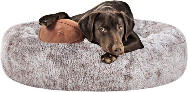 Coohom Oval Calming Donut Cuddler Dog Bed,Shag Faux Fur Cat Bed Washable Round Pillow Pet Bed(30"/36"/43") for Small Medium Dogs (L(30"x24"x8"),Light Brown)