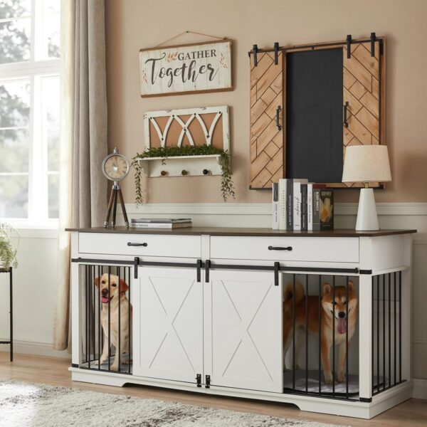 EDYO LIVING 72.5" Large Dog Crate Furniture for 2 Dogs, Wooden Dog Kennel with Drawers, Divider, Sliding Barn Door, Water Resistant Indoor Furniture Style Double Dog Crates, White