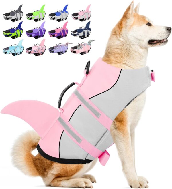 Dog Life Jacket, Large Dog Life Vest for Swimming Boating, Shark Life Jackets for Small Medium Large Dogs, Reflective Dog Lifesaver Life Preserver Swimsuit with Rescue Handle and High Buoyancy