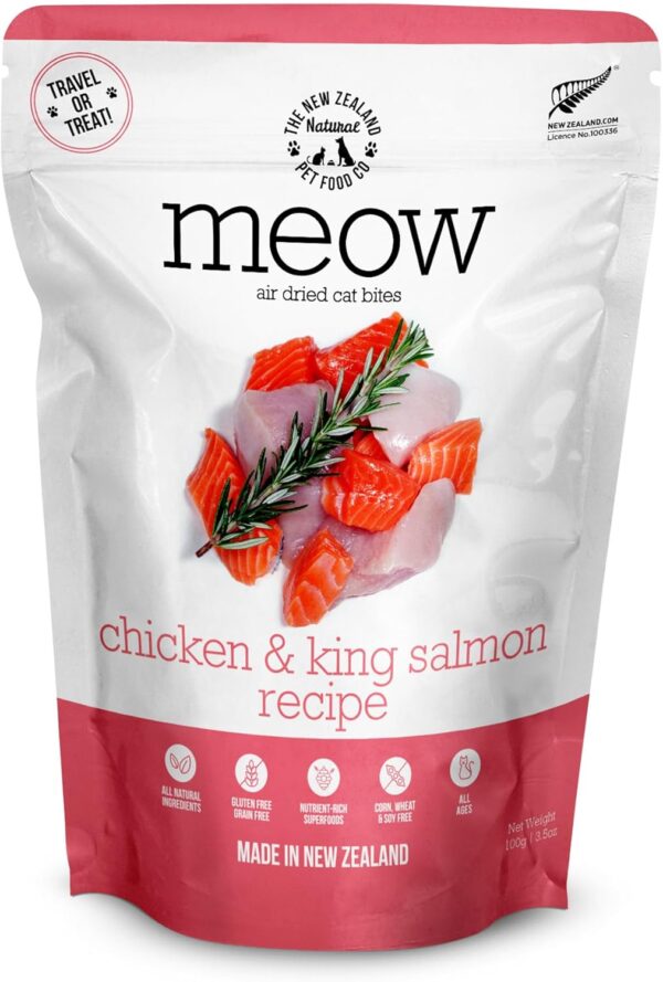 Meow e - Chicken & King Salmon Recipe, Dry Cat Food Use as a Complete Diet, Topper, Mixer, or as Cat Training Treats, All Life Stages, 3.5 oz