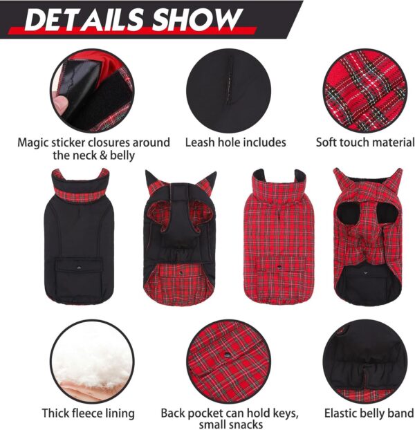 Reversible Dog Winter Coat, Waterproof Dog Jacket Cold Weather Coats British Style Plaid Soft Snow Vest for Small Medium Large Dogs, Black/Red, S - Image 4