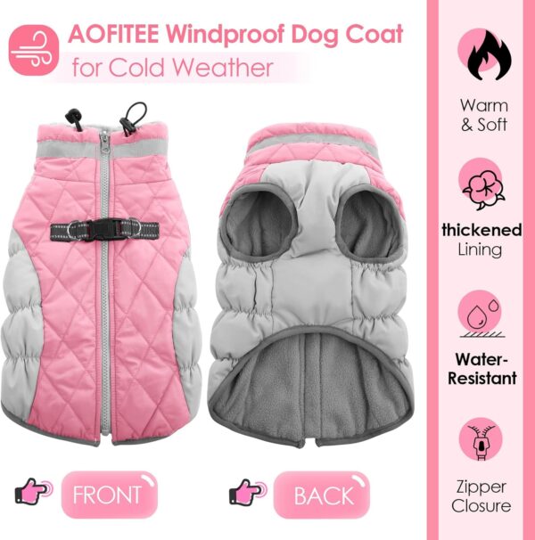 AOFITEE Dog Coat, Warm Dog Jacket Dog Winter Coats, Reflective Turtleneck Dog Fleece Vest with Harness Built in, Waterproof Windproof Dog Snow Jacket Snowsuit for Small Medium Large Dogs, Pink XS - Image 2