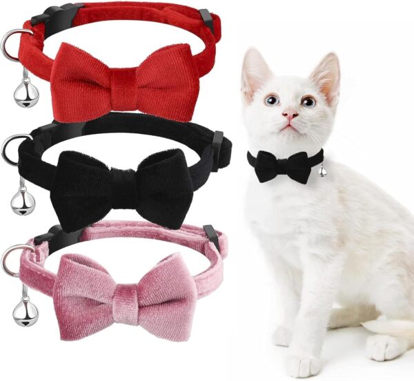 Cat Collar Breakaway with Bells - 3 Pack Breakaway Cat Collars Quick Release Safe Buckle Adjustable Kitten Collar for Girl Boy Cats Pets Supplies,Stuff,Accessories (Bow tie)