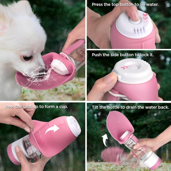 Dog Water Bottle, Pet Water Bottle with Food Container and Drinking Feeder, Leak Proof, BPA-Free, Portable Foldable Puppy Water cup Dispenser for Outdoor Walking, Travel, Hiking Small Pink - Image 5