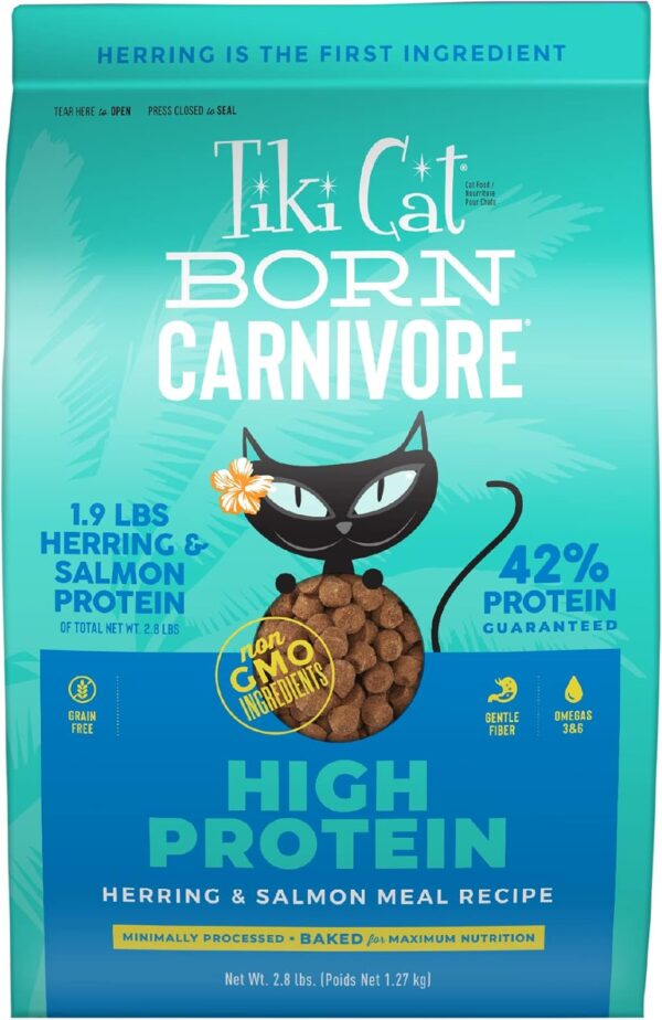 Tiki Cat Born Carnivore High Protein, Herring & Salmon Meal, Grain-Free Baked Kibble to Maximize Nutrients, Dry Cat Food, 2.8 lbs. Bag