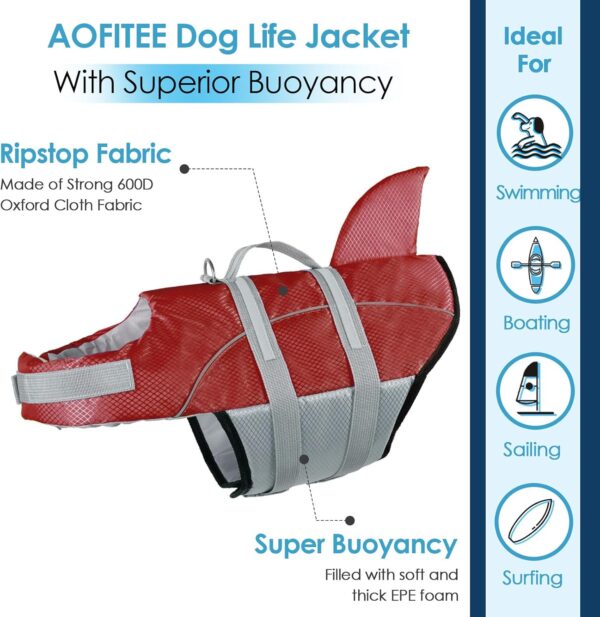 AOFITEE Dog Life Vest for Swimming, Shark Dog Life Jacket for Small Dogs, Adjustable Dog Swimming Vest with Rescue Handle and High Buoyancy, Reflective Puppy Life Jacket Lifesaver for Boating XS - Image 3