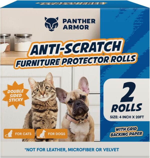 Panther Armor Anti Cat Scratch Furniture Protector, 2pk Roll, Double Sided Sticky Cat Tape, Scratch Guards from Claws, Cat Scratching Deterrent, 4in x 10ft