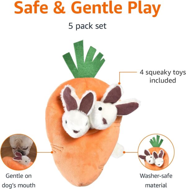 Amazon Basics Hide and Seek Squeaky Dog Plush Toy, Rabbit and Carrot, Orange and white, 5 Pack - Image 2