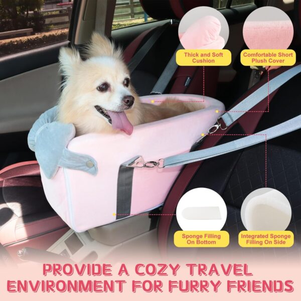 Center Console Dog Car Seat for Small Dogs Under 12lbs, Portable Middle Console Dog Booster Seat, Detachable Armrest Puppy Seat with Storage Pockets, Butterfly Pillow and Safety Leash(Pink) - Image 3