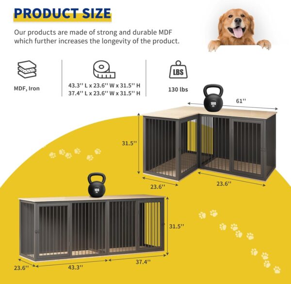 Dog Crate Furniture for 2 Dogs, 80.7" Large Dog Kennel Furniture with Dividers and Double Doors, All Steel Frame Double Dog Crate, 43.3" L X 23.6" W X 31.5" H, 37.4" L X 23.6" W X 31.5" H (Black Gray) - Image 7