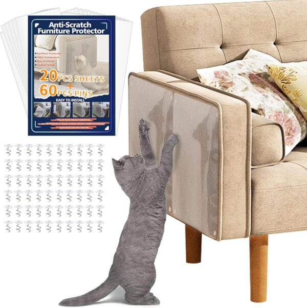 20PCS Cat Scratch Protector, Anti Cat Scratch Furniture Sofa Protector, One Side Sticky Cat Couch Scratch Protector Clear Cat Scratch Deterrent Training Tape (20 Pack+60 Pins)