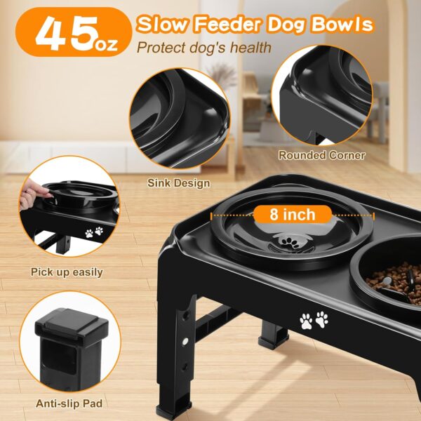 Elevated Dog Bowls, 2-in-1 Dog Feeder with Slow Feeder Dog Bowls & No Spill Dog Water Bowl, 4 Heights Adjustable Raised Dog Bowl Stand Non-Slip & Anti-Dust Dog Food Bowl for Medium Large Dogs, Black - Image 5