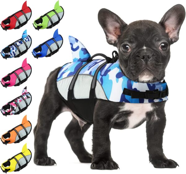 ALAGIRLS Dog Life Jacket Ripstop Shark Flotation Lifesaver Vests with Rescue Handle for Small Medium Large Dogs, Pet Safety Swimsuit for Swimming Pool Beach, Upgraded-BlueCamo M